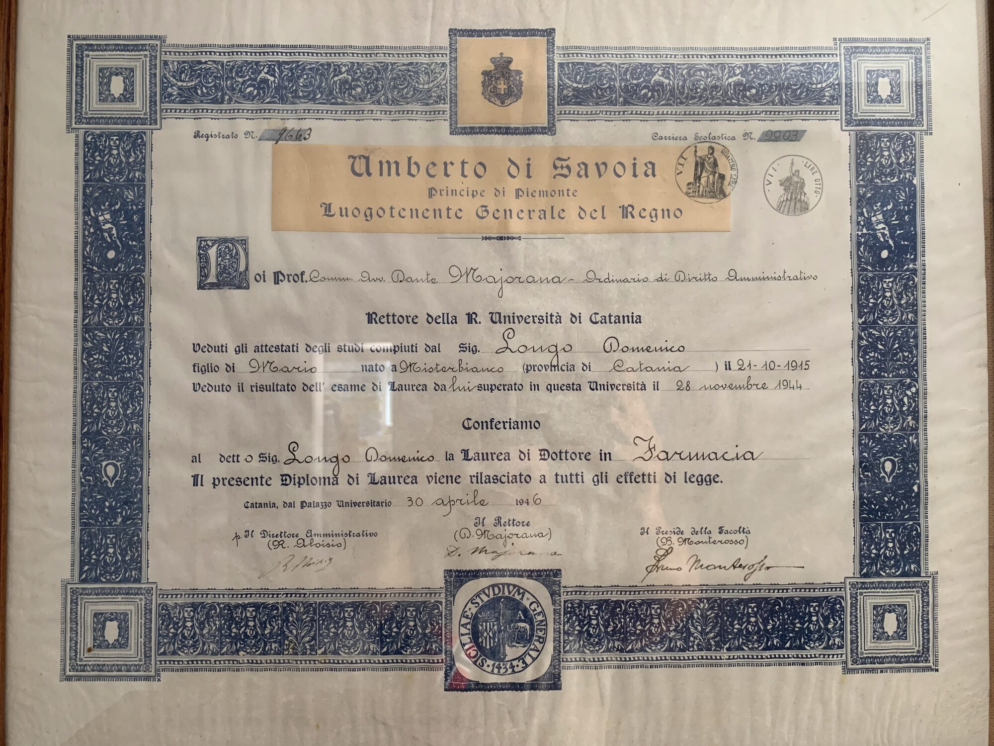 Diploma di laurea in Farmacia di Domenico Longo, Università di Catania