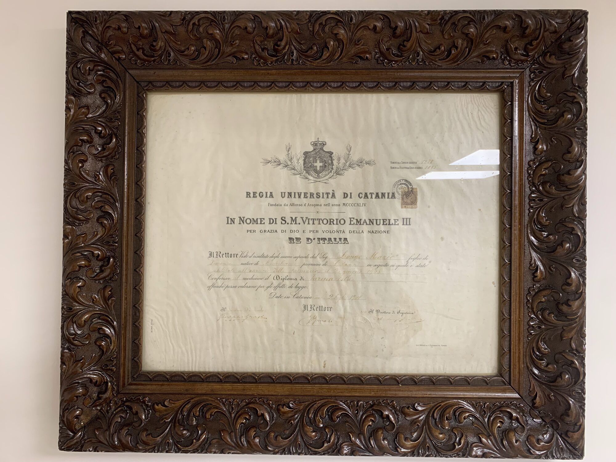 Diploma di Farmacista di Mario Longo, Regia Università di Catania, 2 luglio 1908