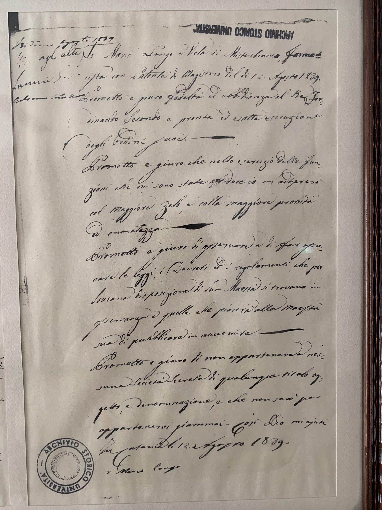 Giuramento di Mario Longo, farmacista, davanti al re Ferdinando II — Catania, 12 agosto 1839