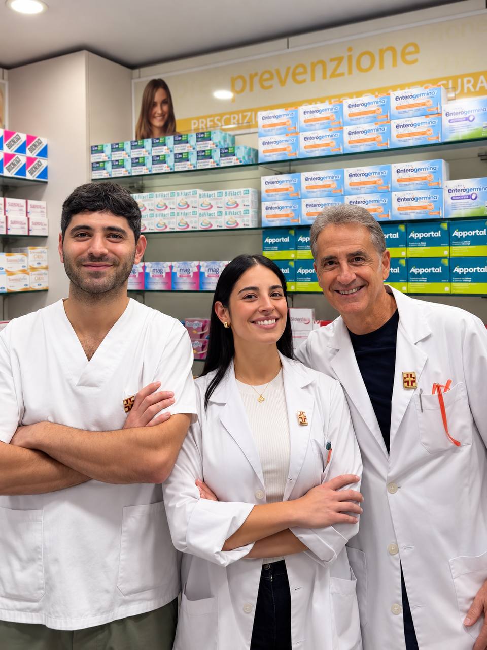 Il dott. Antonino Virgillito con i figli Ludovica e Giorgio, farmacisti, in farmacia